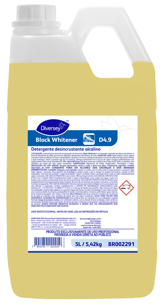 SUMA BLOCK WHITENER 2x5L - DETERGENTE DESINCRUSTANTE ALCALINO PARA ÁREAS DE MANIPULAÇÃO DE ALIMENTOS